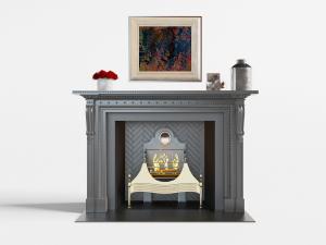欧式深灰色壁炉、装饰画
