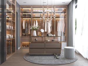 现代轻奢衣帽间衣柜中岛梳妆台