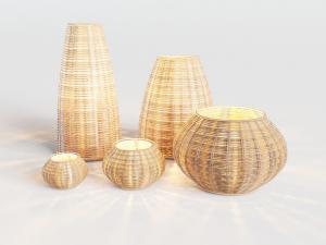东南亚藤编圆肚形烛台、地灯