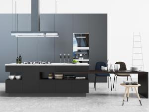 现代黑色整体橱柜和厨房中岛延伸餐桌椅