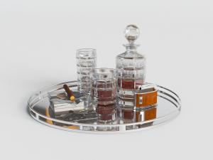 现代圆形托盘里的玻璃红酒瓶和玻璃杯3d模型 现代圆形托盘里的玻璃红酒瓶和玻璃杯