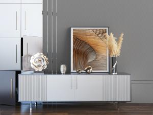 新中式长方形灰白色装饰柜、电视柜