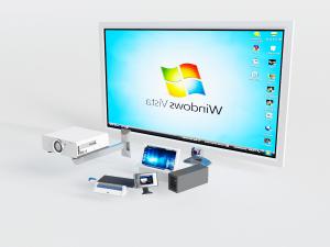 白色边框的液晶电脑显示屏、投影仪和摄像头