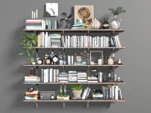 工业风旧实木隔板上的书籍、花盆植物饰品摆件