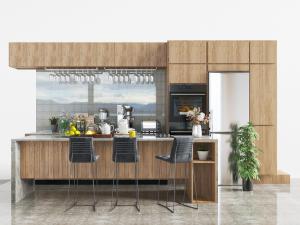 现代实木厨房橱柜高柜和吧台