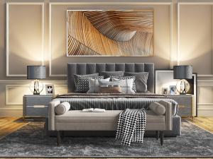 现代双人床、床尾凳