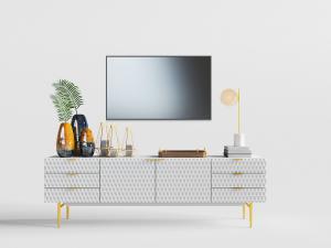 简欧两边带抽屉的白色电视柜、电视机