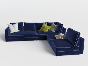 新中式镶嵌白色边的蓝色布艺转角多人沙发3d模型 新中式镶嵌白色边的蓝色布艺转角多人沙发