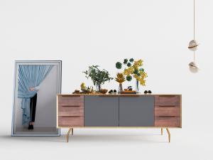 新中式实木拼接电视柜、装饰柜和饰品摆件