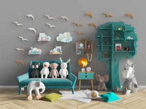 儿童多人沙发、大树装饰架和动物木偶玩具3d模型 儿童多人沙发、大树装饰架和动物木偶玩具