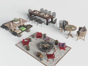 现代美式户外长凳、餐桌和休闲椅子3d模型 现代美式户外长凳、餐桌和休闲椅子
