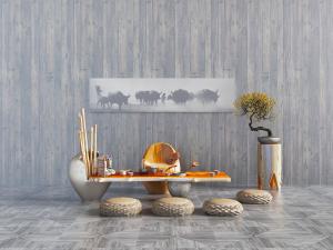 中式茶桌茶具和圆形坐垫