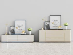 现代镶嵌金边的白色电视柜和装饰柜