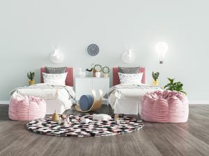 北欧儿童单人床和粉色懒人沙发