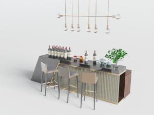 现代吧台吧椅和吊灯