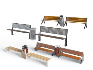 现代公共长椅、垃圾桶