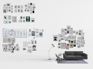 现代北欧灰色多人沙发、照片墙装饰挂画3d模型 现代北欧灰色多人沙发、照片墙装饰挂画