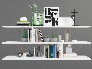 现代白色隔板上的多肉盆栽、书籍