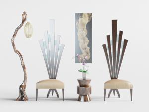 中式树枝灯柱落地灯、扇形靠背休闲椅子