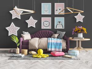 北欧儿童多人沙发边几和布偶玩具3d模型 北欧儿童多人沙发边几和布偶玩具