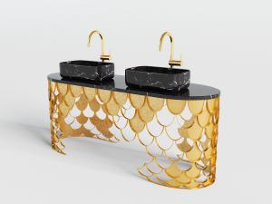 现代鱼鳞支撑大理石双盆洗手盆