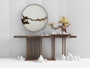 新中式实木端景台、盆景3d模型 新中式实木端景台、盆景