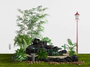 中式庭院竹子假山和水塘景观小品