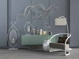 新中式树枝造型支撑的玄关柜边柜和休闲椅子3d模型 新中式树枝造型支撑的玄关柜边柜和休闲椅子