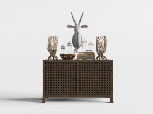 新中式镂空方格柜门的玄关柜3d模型 新中式镂空方格柜门的玄关柜