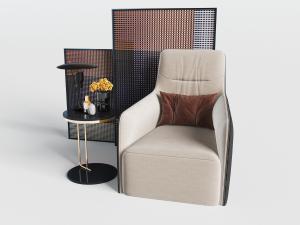 新中式里面是米色的黑色单人沙发、边几3d模型 新中式里面是米色的黑色单人沙发、边几