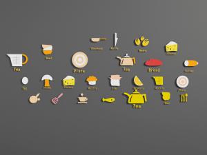 单词注释的卡通厨具标志