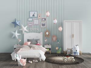 现代儿童白色床头是猫头造型单人床、衣柜