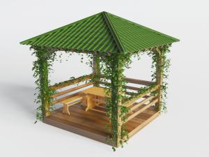 公园爬满藤蔓植物的实木四方亭子