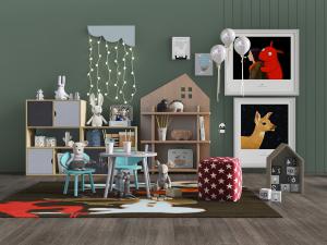 北欧儿童活动区装饰置物柜桌椅玩偶