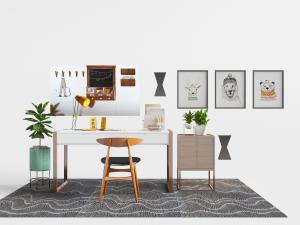 北欧实木书桌椅组合边柜3d模型 北欧实木书桌椅组合边柜