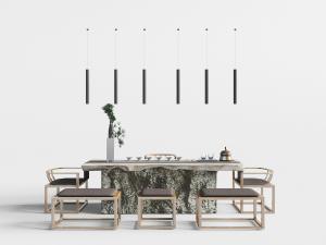 中式长方形茶桌椅坐凳