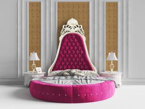 欧式玫红色高靠背的圆床