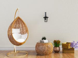 东南亚金属支架藤编吊椅、边几