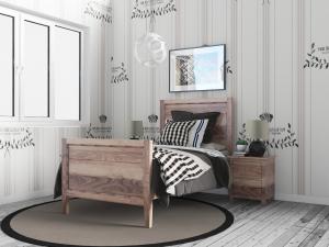 美式田园原木单人床、床头柜