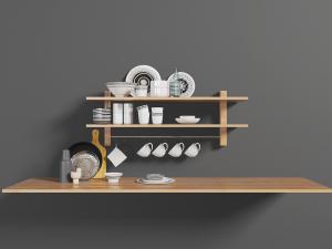置物架上的陶瓷杯碗餐具厨房用品