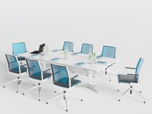 现代白色会议桌蓝色办公转椅