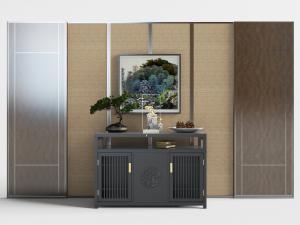 新中式黑色玄关柜边柜和盆景