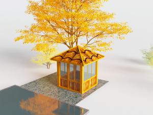 公园小木屋、大树和水池园林景观