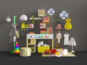 现代儿童书桌、衣架和玩具3d模型 现代儿童书桌、衣架和玩具