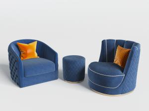 简欧蓝色布艺单人沙发和坐墩3d模型 简欧蓝色布艺单人沙发和坐墩