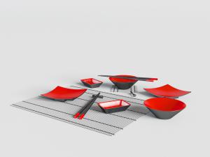 中式红色里黑色表面的碗碟餐具组合3d模型 中式红色里黑色表面的碗碟餐具组合
