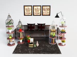 美式鸟笼花架和真皮多人沙发3d模型 美式鸟笼花架和真皮多人沙发