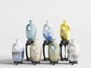 中式装饰陶瓷瓷器瓶、托盘托架