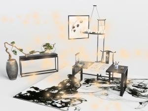中式黑色书桌椅组合、端景台3d模型 中式黑色书桌椅组合、端景台