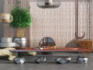 中式超长茶桌、石头坐墩